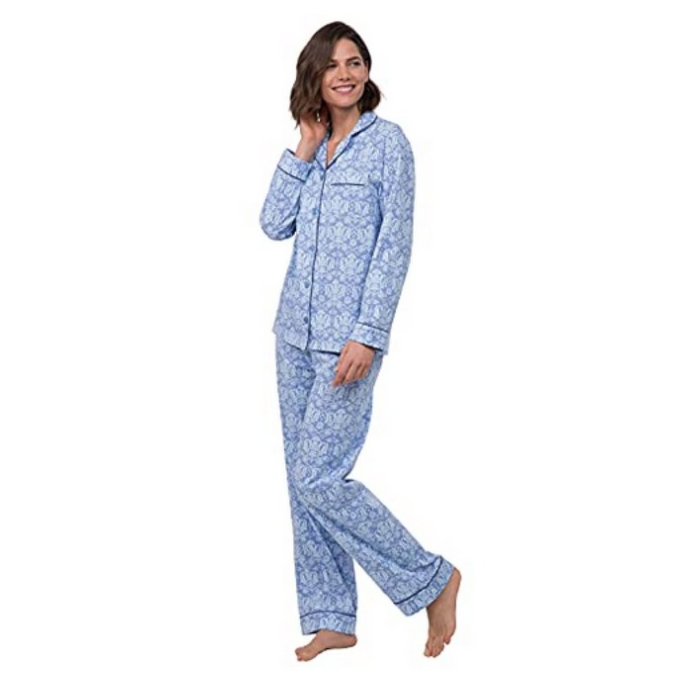 NWT PajamaGram Light Blue Damask Button Front Pajamas XS